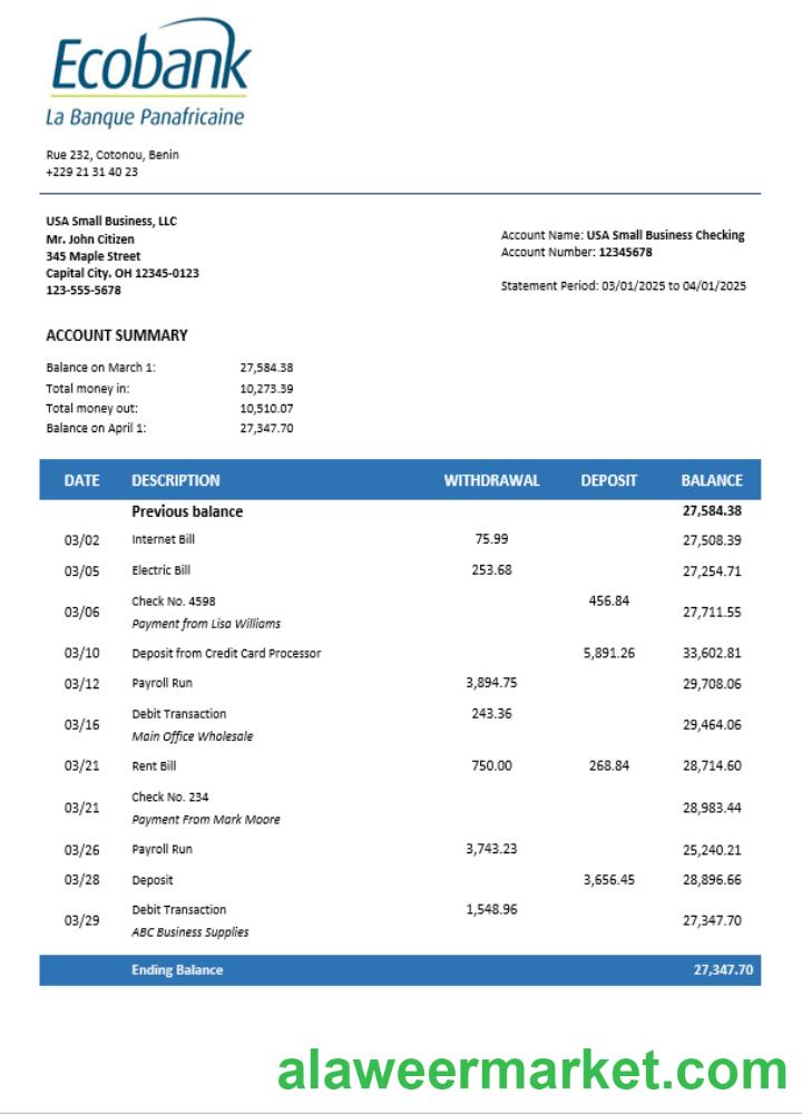 Ecobank enterprise statement Word and PDF format